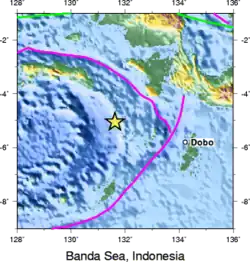 Map showing the epicentre of the 1938 Band Sea earthquake