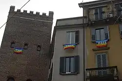 "Pace da tutti i balconi": peace flags hanging from windows, Milan, Italy, (March 2003)