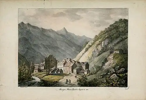 Lithograph of a painting of a small villiage of multiple townhomes visible between two mountains, one mountain is in the foreground with features coloured and visible.