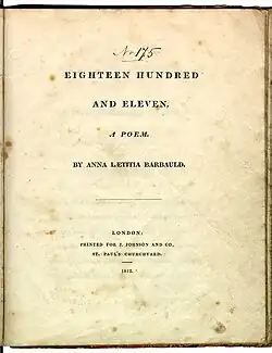 Page reads "Eighteen Hundred and Eleven, A Poem. By Anna Laetitia Barbauld. London: Printed for J. Johnson and Co., St. Paul's Churchyard. 1812."