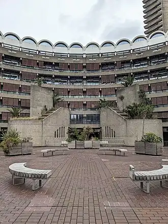 Courtyard above the Centre for the Arts and theatre. Inspiration was from ocean liners. Tropical ferns and palms were part of the original plan