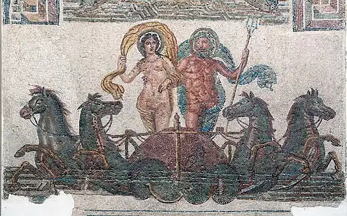 The triumph of Neptune and Venus in a quadriga drawn by hippocampi in a mosaic from Utica in Africa, Bardo National Museum