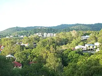 Looking southwest over Bardon at sunrise towards Mount Coot-tha
