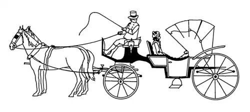Drawing. 4-wheeled carriage, open, folding hood at the rear, raised seat at the front