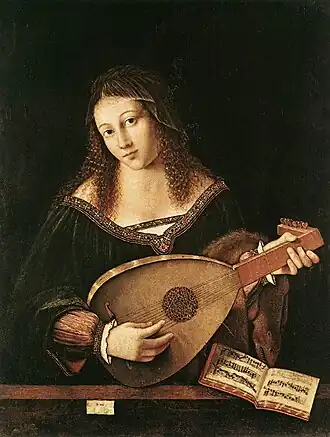 Lady Playing Lute (1520), oil on panel, 65 x 50&nbsp;cm., Pinacoteca di Brera, Milan