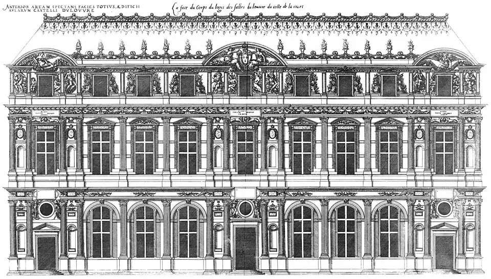 Lescot's façade illustrated in Les Plus Excellents Bâtiments de France (1576) by Jacques I Androuet du Cerceau