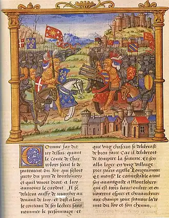 Two armies, one with the banners of Louis XI and one with the banners of the Duchy of Burgundy, fighting a pitched battle against each other