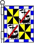 a baton sinister—Argent, a galley (or lymphad) sable, sails furled, flags and pinnets flying and oars in action, debruised with a baton sinister couped gules—Campbell (second and third quarters, all quarters within a bordure compony argent and azure; matriculated 1763)