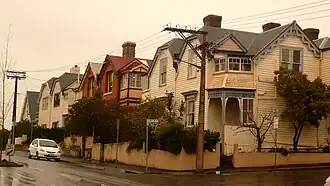 An assortment of weatherboard and brick row houses in Battery Point