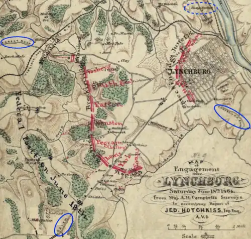 old map with troop positions at city with troops on west side of town and river on east