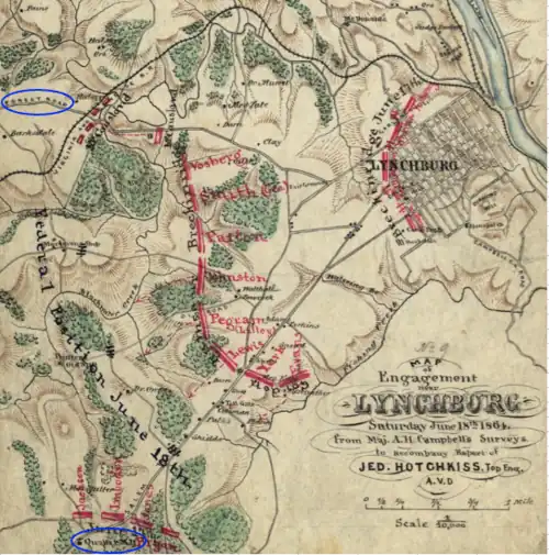 old map with troop positions at city with troops on west side of town and river on east
