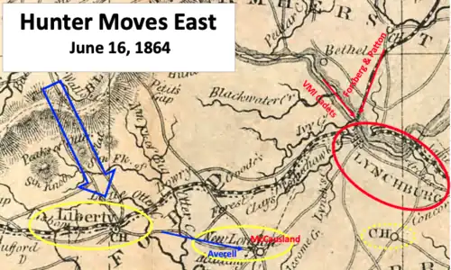 Old map with arrows showing routes of Union and Confederate armies