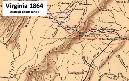 map of western Virginia with railroads and important cities