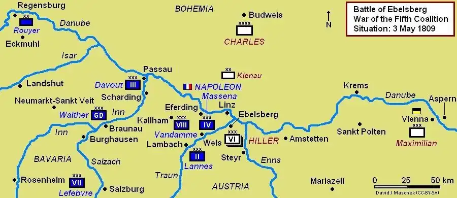 Map of Battle of Ebelsberg, 3 May 1809