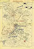 The situation at 7:00&nbsp;p.m. Red - the Austrian troops, Blue - the Hungarian troops.
