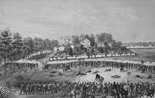 Black-and-white depiction of two lines of 19th-century soldiers carrying the American flag charging an opposing line which has taken up position near a house