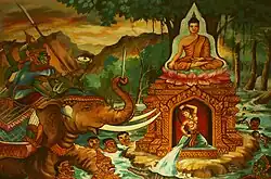 Painting in a Laotian wat. Buddha during the battle with Mara pointing towards the earth, summoning Phra Mae Thorani to come to his assistance
