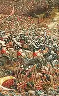 A conglomeration of armoured men with spears on horses