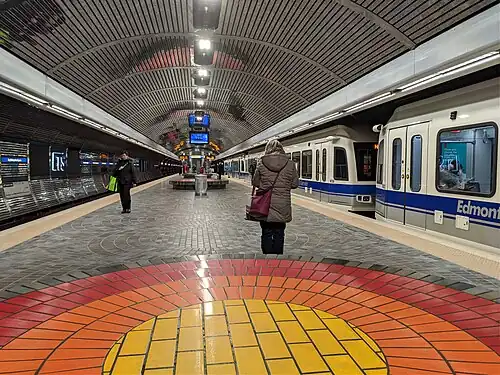 An underground light rail station in Edmonton, Canada, part of the first light rail system in North America