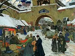 Painting of a bazaar under the snow with people in coats, hats and scarves in the Russian style, and in a corner the domes of a church