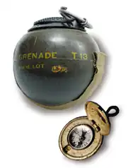 The T13 Beano Grenade (above) was inspired by the shape and throwing effectiveness of a baseball. Compasses hidden inside of buttons (below) were supplied to Army officers in secret, and even lower-ranking enlisted soldiers were unaware of these secret compasses.