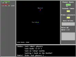 Screenshot of the game "Begin 2". Middle shows a 2D map of the space and the spaceships, right hand shows status of weapons and at the bottom a command window is shown.