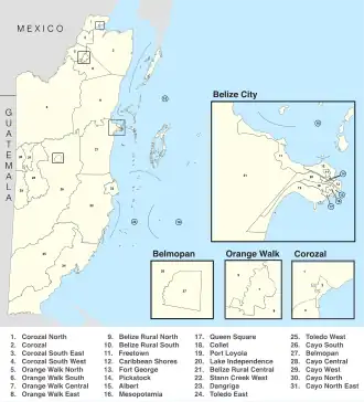 A map showing the constituencies of Belize
