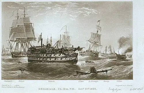 An engraving of HMS Belleisle, showing Achille on fire in the right background