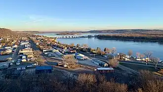 Downtown Bellevue, Lock & Dam No. 12, and the Mississippi River from air.