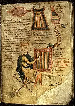 Carolingian Empire. Page from the Benedictine Psalter (842–850). David playing a four-sided psaltery, psalterium quadratum or psalterium decochordum.[1]