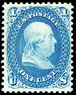 Benjamin Franklin Issue of 1861 from the first series of US Postage Stamps produced by the National Bank Note Co (later merged into the American Bank Note Co.[16]