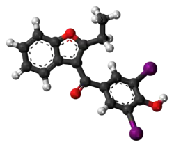 Ball-and-stick model of the benziodarone molecule