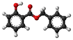 Ball-and-stick model of the benzyl salicylate molecule