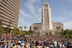 A large crowd in front of Los Angeles City Hall during Bernie Sanders' Fighting Oligarchy Tour rally on April 12, 2025.