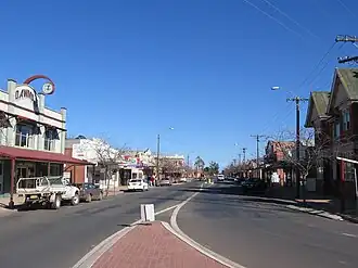 Chanter Street, Berrigan, looking west; the main street of Berrigan contains a mix of Federation and more-modern architectural styles.
