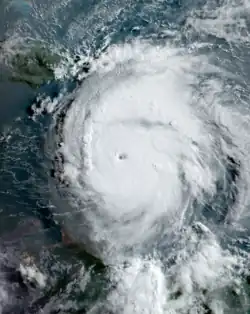 A photograph of an intense hurricane over the eastern Caribbean Sea.