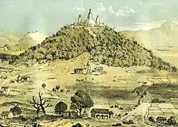 Sketch of Swayambhu stupa and Bhuikhel plain in Kathmandu, Nepal made by Daniel Wright in 1877