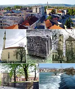 From top, left to right: Bihać panorama, Fethija Mosque (former Catholic Church of St. Anthony of Padua), Stećak Tombstones, Kapetanova kula (Captain's Tower; currently a museum), Bihać Türbe and the Una river.