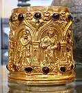 Hamsa birds between the architectural spires on the Bimaran casket, 1st century CE
