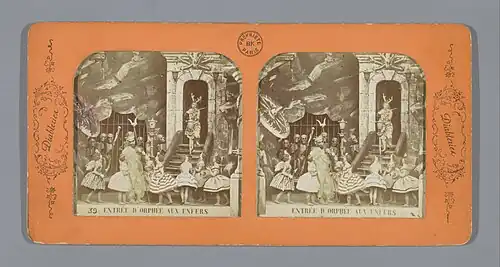 Sepia stereoview of a costumed figure of Orpheus entering a cave-like gateway surrounded by skeletons, horned figures, and women in dresses, with a rocky backdrop and ornate orange border labeled "Diablerie"