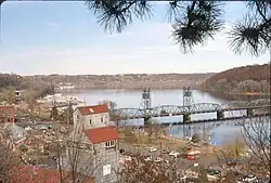 Birdseye view of the Stillwater Lift Bridge and the Commander Building, Stillwater, Minnesota