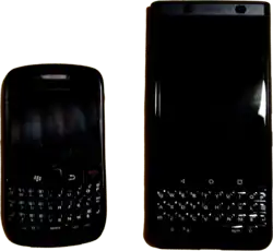 The BlackBerry Curve 8520 (left, introduced 2009) compared with the BlackBerry KeyOne BBB100-7 (right, introduced 2017)