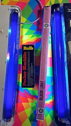 Two fluorescent blacklight tubes glow on a colorful geometric background beside their packaging boxes