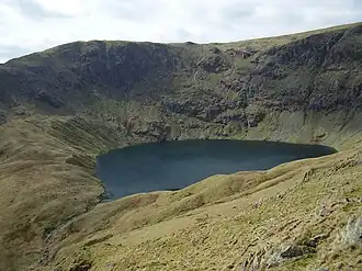 A lake in the hollow of a mountain top