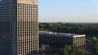 The Blue Hill Plaza office tower, with the Manhattan skyline visible in the distance