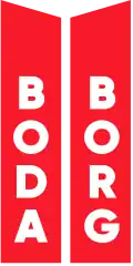 Boda Borg is written top-to-bottom on two red trapezoids.