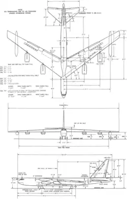 Three-view line drawing of the Boeing B-52D Stratofortress