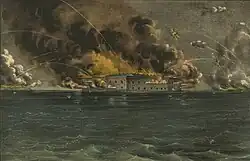 rectangular fortress in middle of water burning with smoke coming out of it