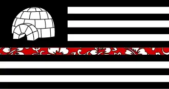Black and white version of the American flag, with the stars replaced by an image of an igloo and the eighth stripe replaced with a red tropical print stripe.