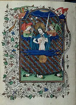 Man of Sorrows from a c. 1420 Book of hours. Morgan Library, NYC.[14] Note the similar emblems.